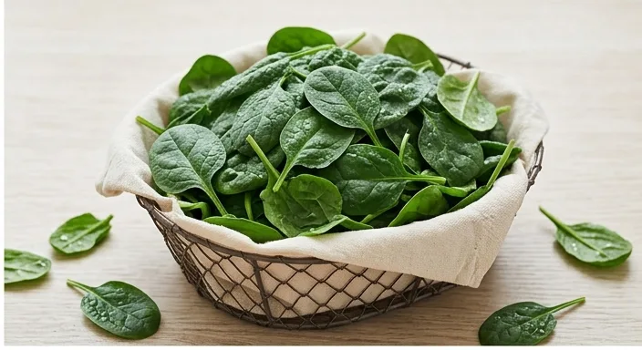 A basket of fresh spinach leaves